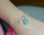 Bridal bridesmaid gifts jewelry Birthstone BRACELET, Personalized Initial Charm,initial leaf silver orchid charms, Aqua Blue jewelry
