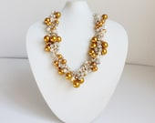 Wedding Statement Necklace Ivory and Gold Pearls and rhinestones Crocheted