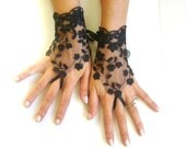 Black tulle lace gloves embroidery bridal  wedding fingerless burlesque body tattoo romantic bridesmaid glove
