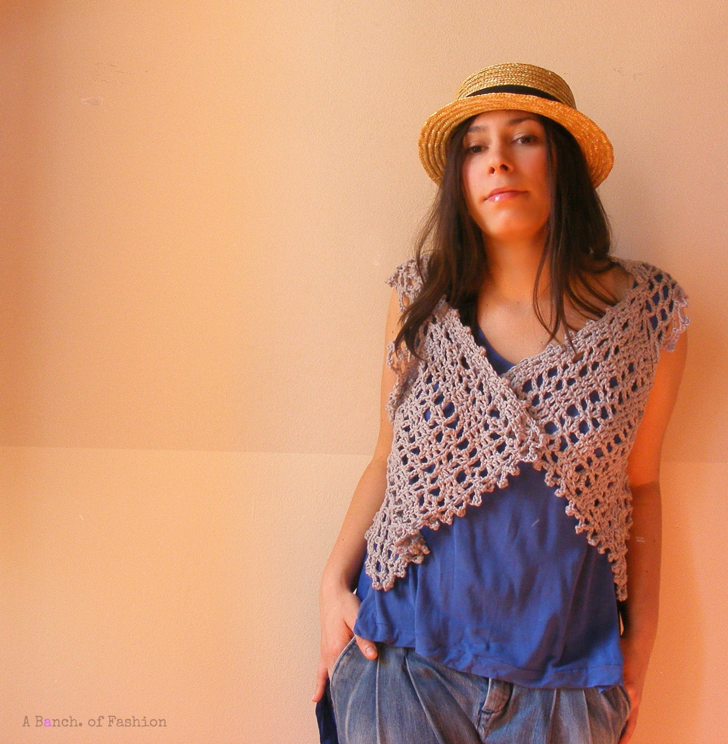 Womens Crochet Vest  Lace Spring Summer Pastel Gray Reversible Cardigan Easter Gift