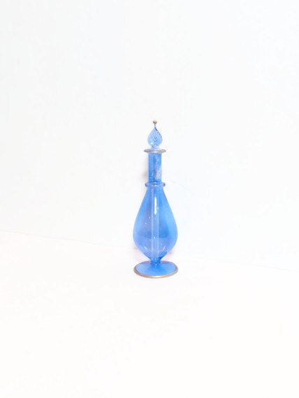 Blue Glass Perfume Bottle, Vintage, Overlaid Color, Golden Trimmed, Leaf Handled Long Sremmed Applicator, Pot Bellied Bulb Vase, Epsteam