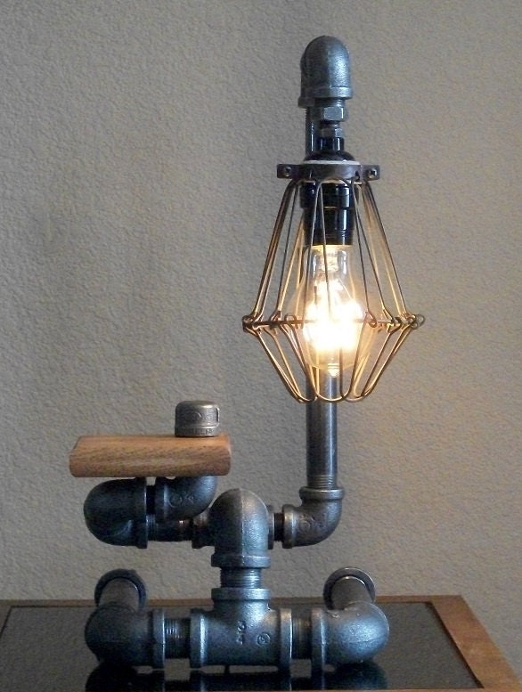 Industrial Art Desk Table Lamp with Wire Shade and Reclaimed Hardwood