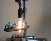 Industrial Art Desk Table Pipe Lamp with Reclaimed Hardwood Display Shelf