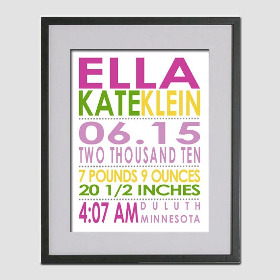 8x10 Custom Birth Print Announcement - Nursery Wall Art - Personalized Baby Gift