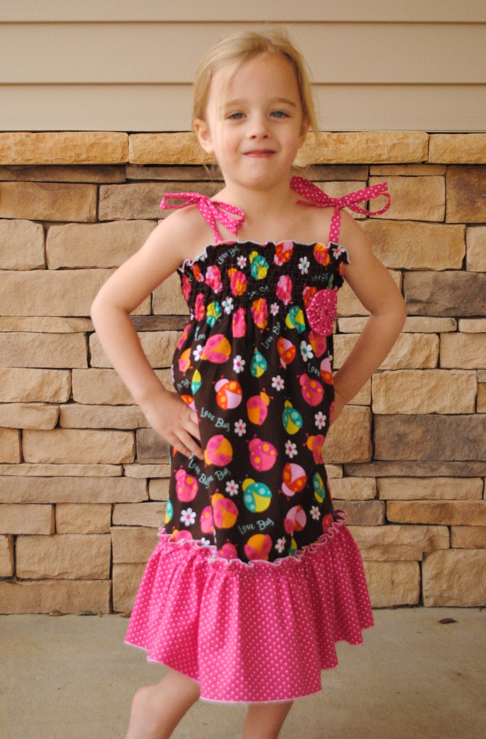 Shirred Ruffle Dress for Girls. Summer Sundress, Shoulder Tie Top. Lovebug Ladybug Fabric. 12mo, 18mo, 2t, 4t, 5t, 6, 7, 8 Made to Order