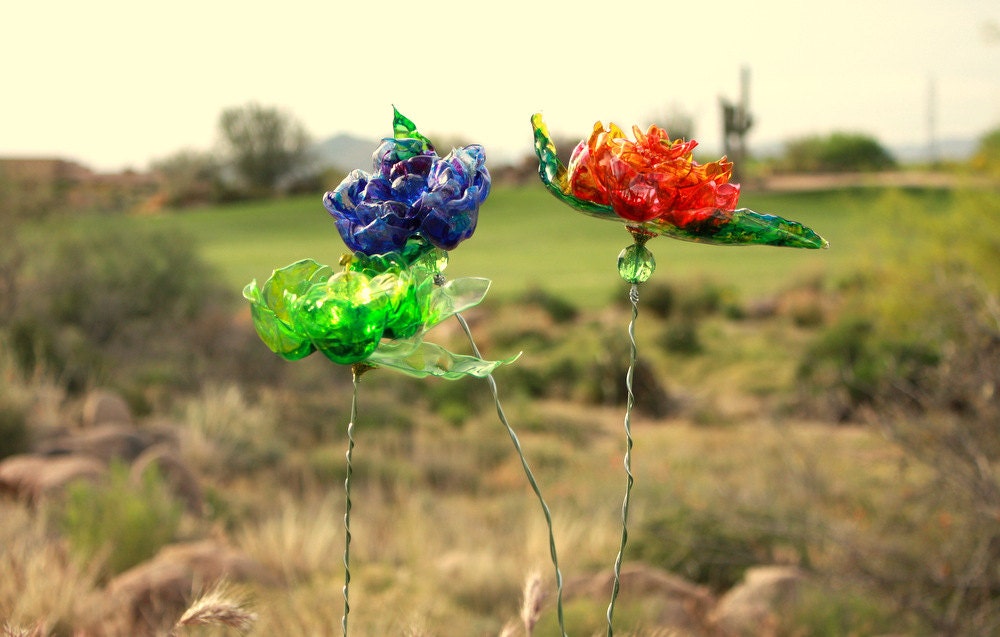 Buy indoor plants gifts - Fathers Day Gift, Colorful Flower yard Stakes, 3 Indoor Outdoor Plant, Garden Art, blue, green, orange yellow Suncatcher, Sun Catcher glass