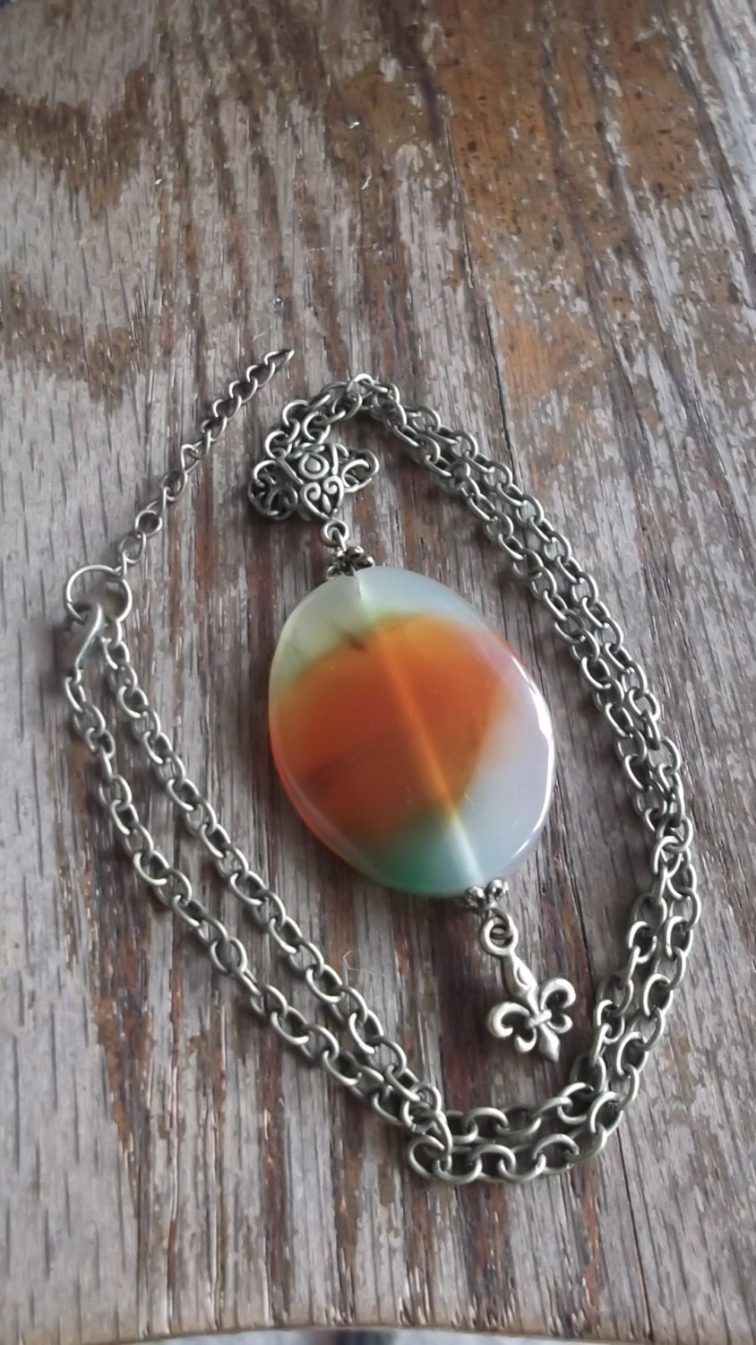 Earthtone Oval Agate Slice Necklace: Natural Orange, Green & Milky White Polished stone on Brass Chain w/ Fleur de Lis