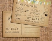 Country Wedding Save the Date Card - Vintage, Rustic, Mason Jars, Bunting flags, Casual summer wedding Save the Date postcard