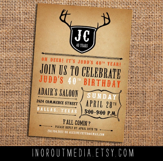 40th Birthday Invitation - Western, Antlers, Western style, typography, western theme, deer, 40th, fortieth