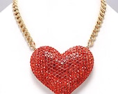 For Valentine's Day, New Chunky Gold Chain Big Puff PAVE CRYSTALS Heart Celebrity Inspired Chocker Designer 3D Front  Necklace