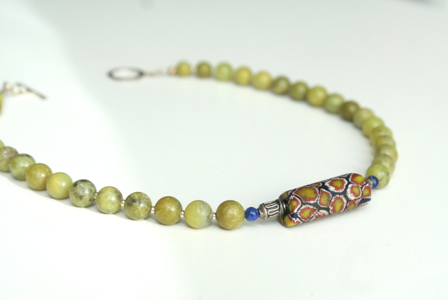necklace / vintage african trade bead / OOAK necklace / olive new jade necklace / blue lapis / thai silver / sterling / spring jewelry