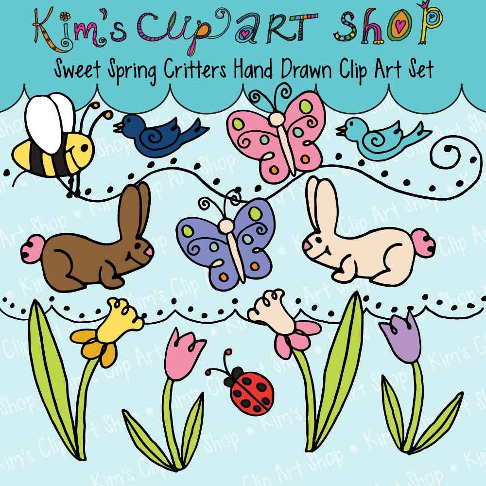 Bunny, bunnies, Ladybugs, Butterfly, Bird, Tulips, Daffodils Clip Art, Digital graphics, clipart, doodle, hand drawn Il_570xn