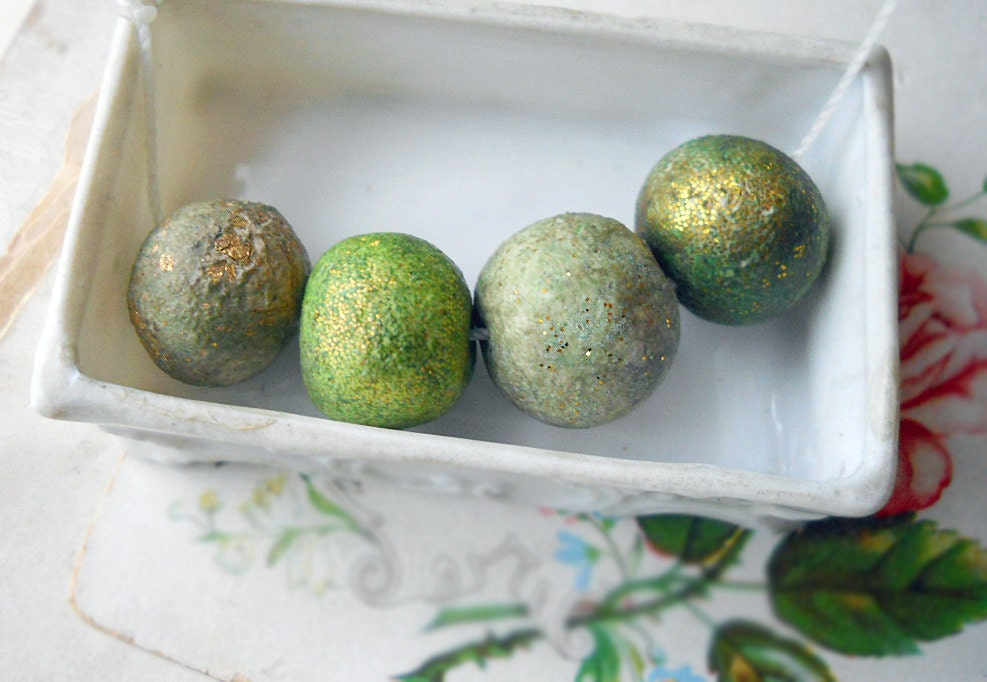 Handmade Polymer Clay Beads - Set of 4 Rustic Spring Green Primitive Rounds - Chunky Clay Beads - Glitter, Gold Leaf Sparkle - Clay Bead Set