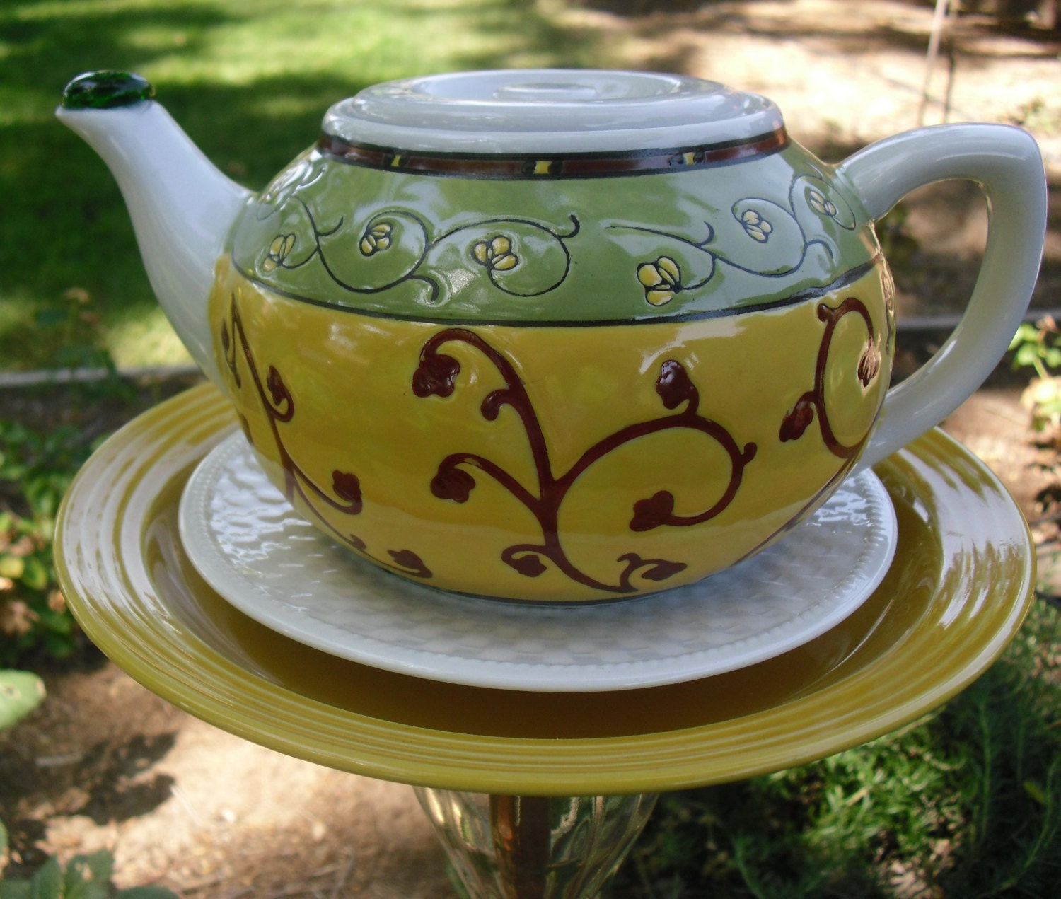 Whimsical Tea Pot Garden Totem with Sage Green, Mustard Yellow, Red, and White