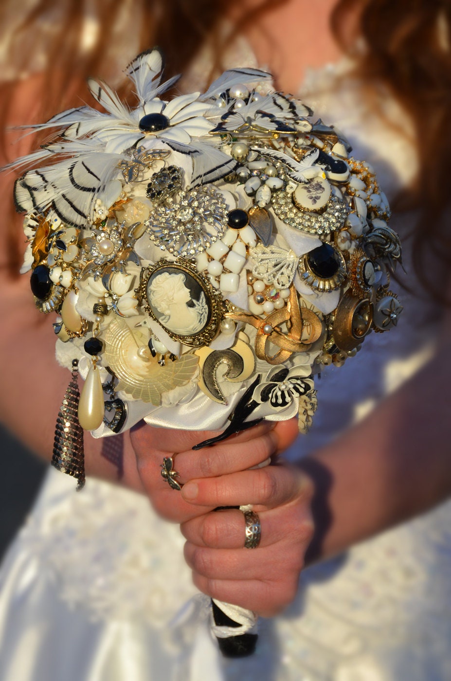 Brooch Bouquet - Vintage Jewelry, Heirloom, Keepsake Bridal Bouquet. White, Black and Gold. Large Bouquet.