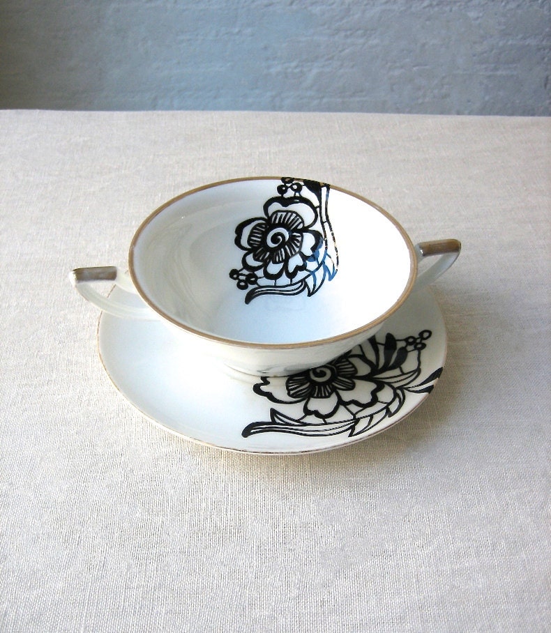 BLACK LACE: hand painted vintage lace design on set of a porcelain cup and saucer