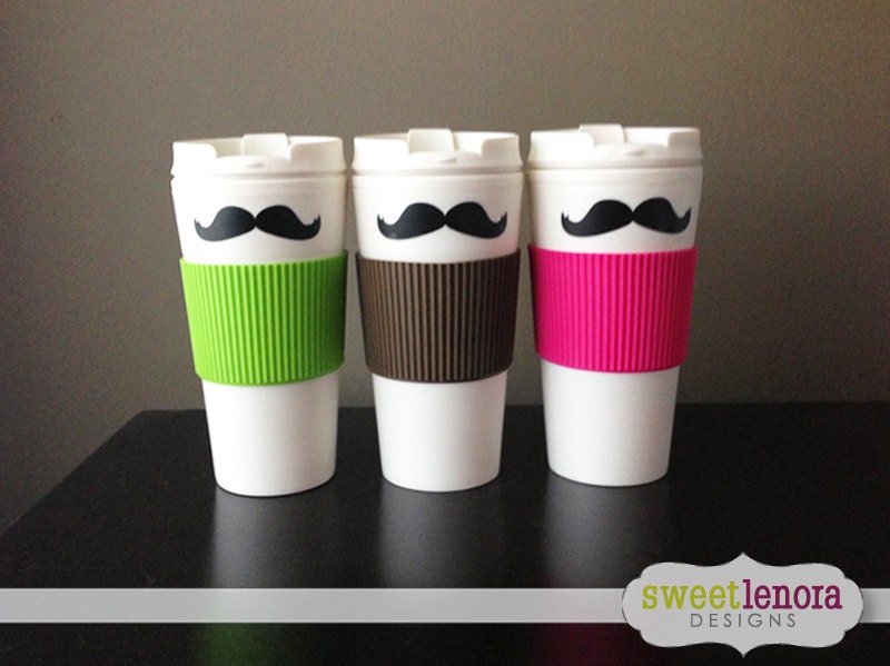Mustache Travel Mug - Fun Gift - Pink, Lime Green, Orange or Brown