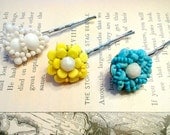 Adorable Authentic Vintage Colorful Bunch- White, Yellow, Blue, Flower Bobby Pin Hair Accessories