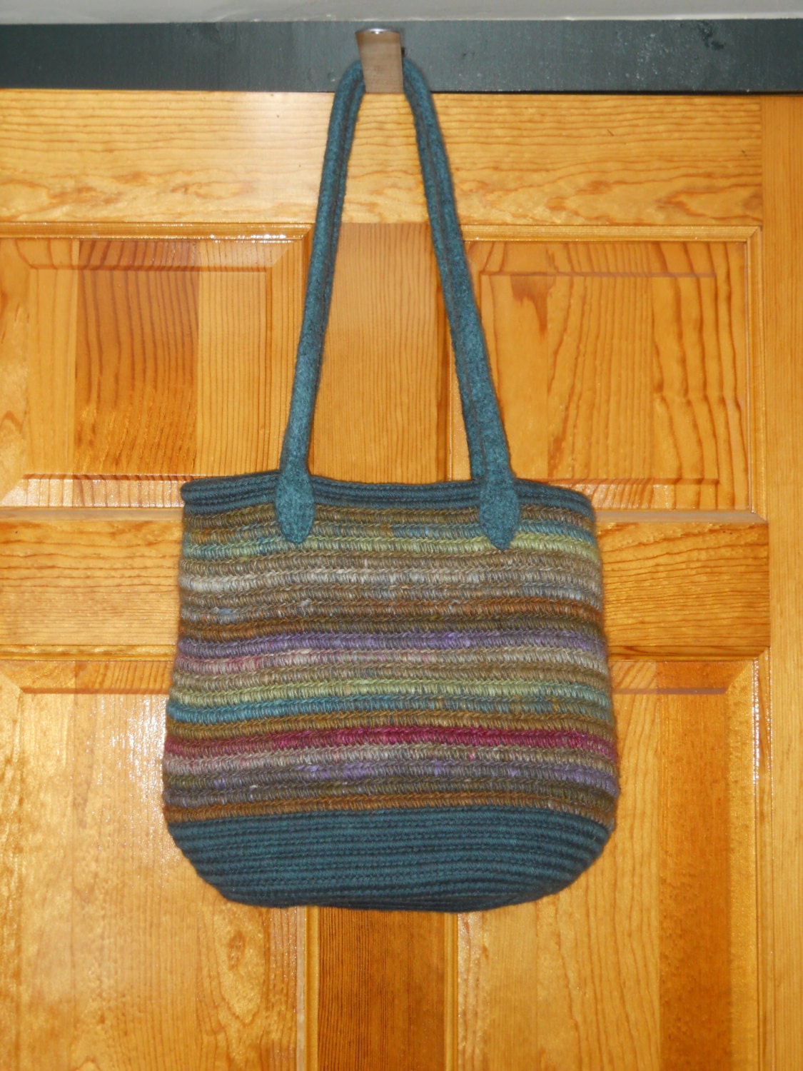 Clothesline Crochet Bag, Purse, Handbag, Handmade, Noro 279, teal/brown/pink/purple/green