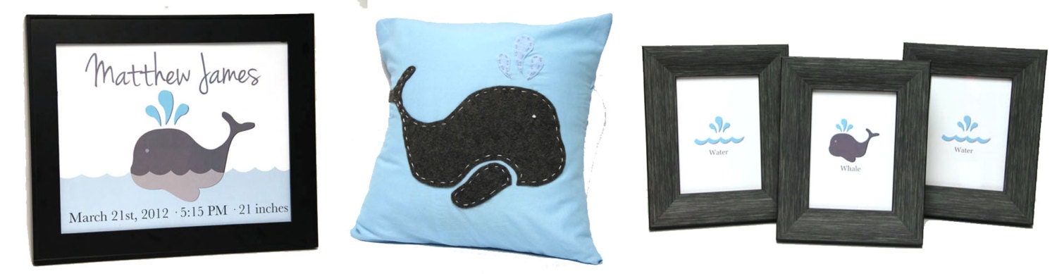 Whale Package: 11 x 14 Whale Birth Print  Whale Pillow Cover and set of three 5 x 7 Prints