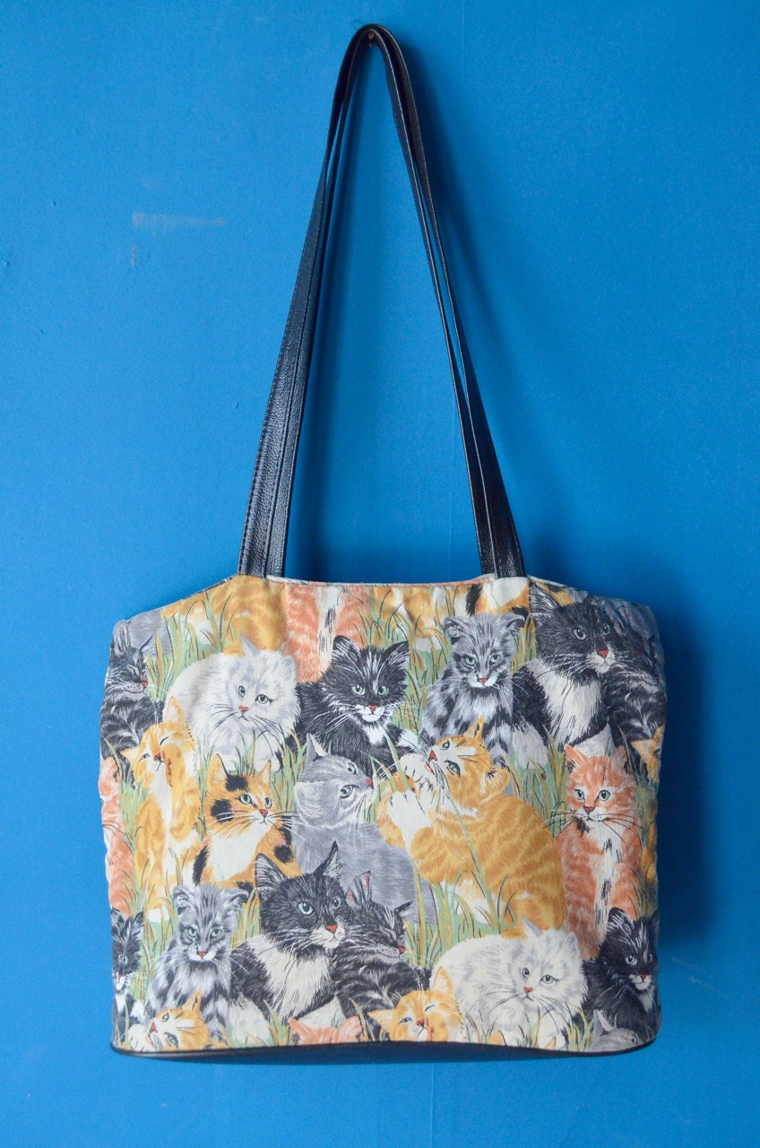 1980s Cat Print Cotton & Leather Tote Bag