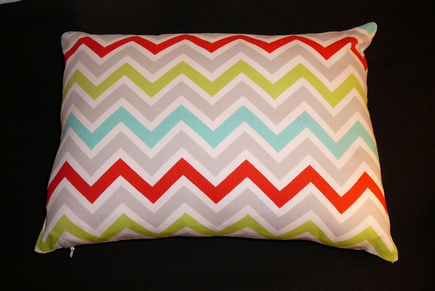 Chevron Pattern Boudoir Pillow. Red, Chartreuse, Turquoise, Grey & White.  Handmade