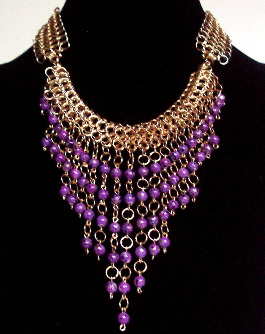 Purple bauble necklace - egyptian inspired bib necklace - chainmaille statement necklace - purple beaded jewelry - purple and gold necklace