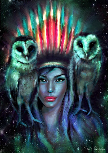 Owls digital painting print 8" x 12" Illustration