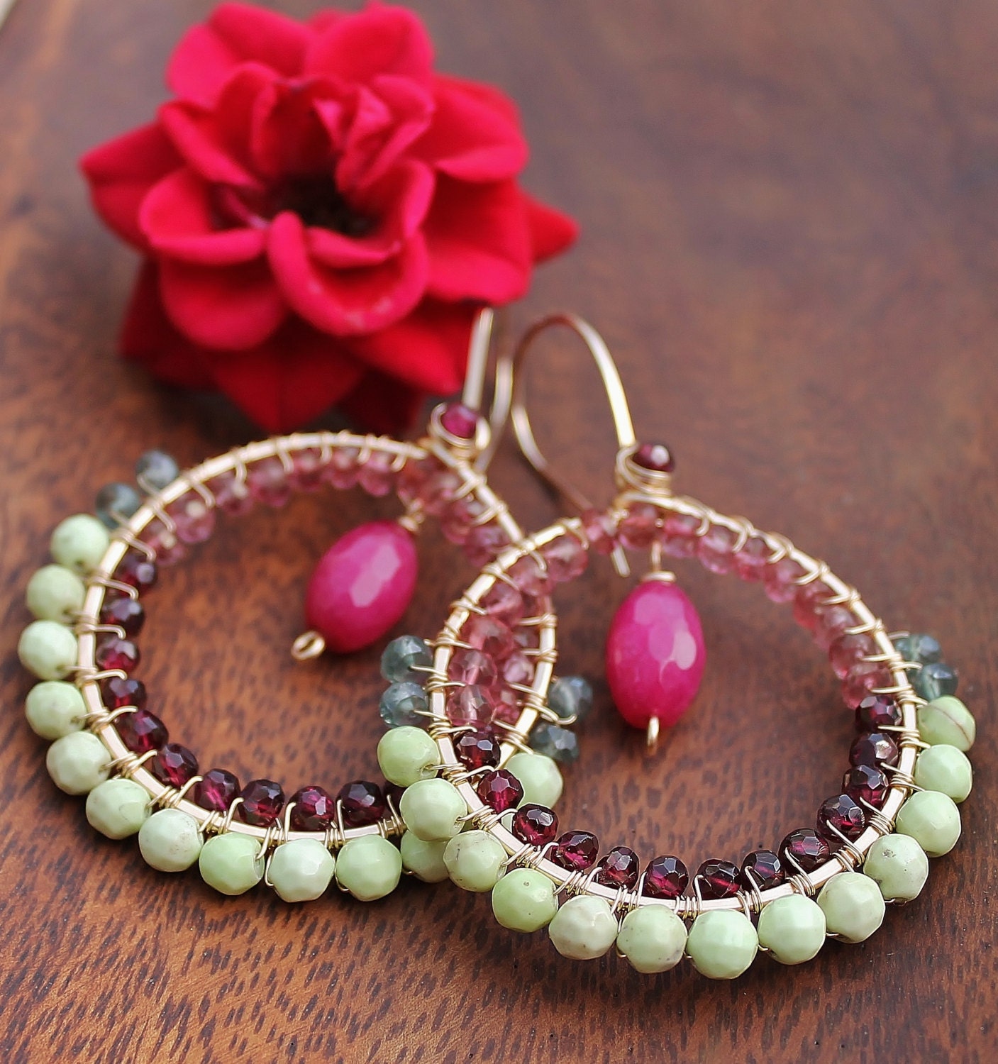 Lemon Chrysoprase Pink Mystic Quartz Red Garnet Gemstone Bead Hoop Earrings 14k Gold Filled Wire Wrapped Briolette Hoops Boho Spanish style