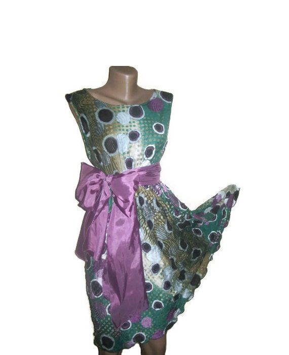 Cotton Dress, Knee Length Dress, Maternity Dress, Plus Size Clothing, Boho Dress, Bow Scarf, Geometric, Green Purple Black White Tan, OOAK