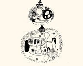 Pen and Ink Drawing Illustration Art Digital Print Black and White Girl Gift Women and Men Gourd Home Decoration House Fantasy Funny Special