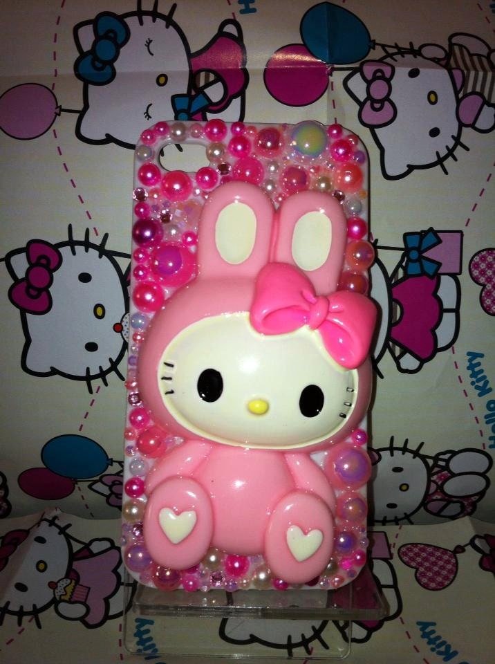 Kawaii cute kitty dressed as a bunny rabbit with pink suit & bow. Iphone 4/S white snap on case XL kitty cabochon