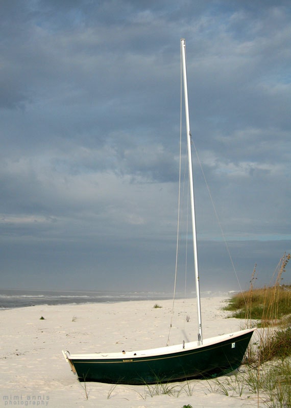 Sailboat on a Cloudy Beach, Fine Art Print, 5x7, Beach Photography, Beach House Decor, Nautical Art