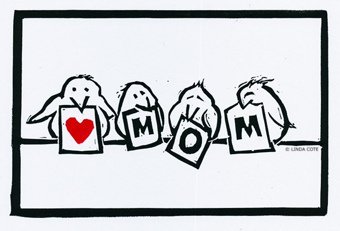 Love Mom, Hand Pulled Lino Relief Greeting Card, Bird, Printmaking Original