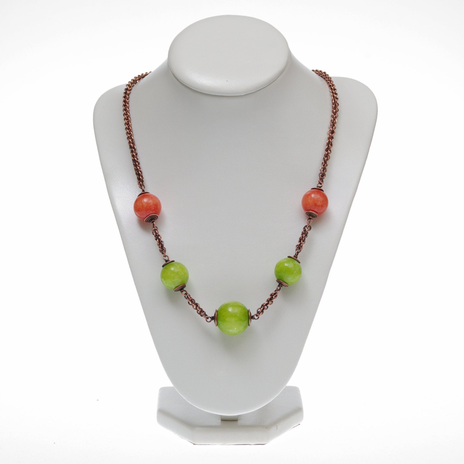 jade necklace, spring green, lime, orange jade, chainmaille copper necklace, oxidized copper, women jewelry, long, big beads - Verha