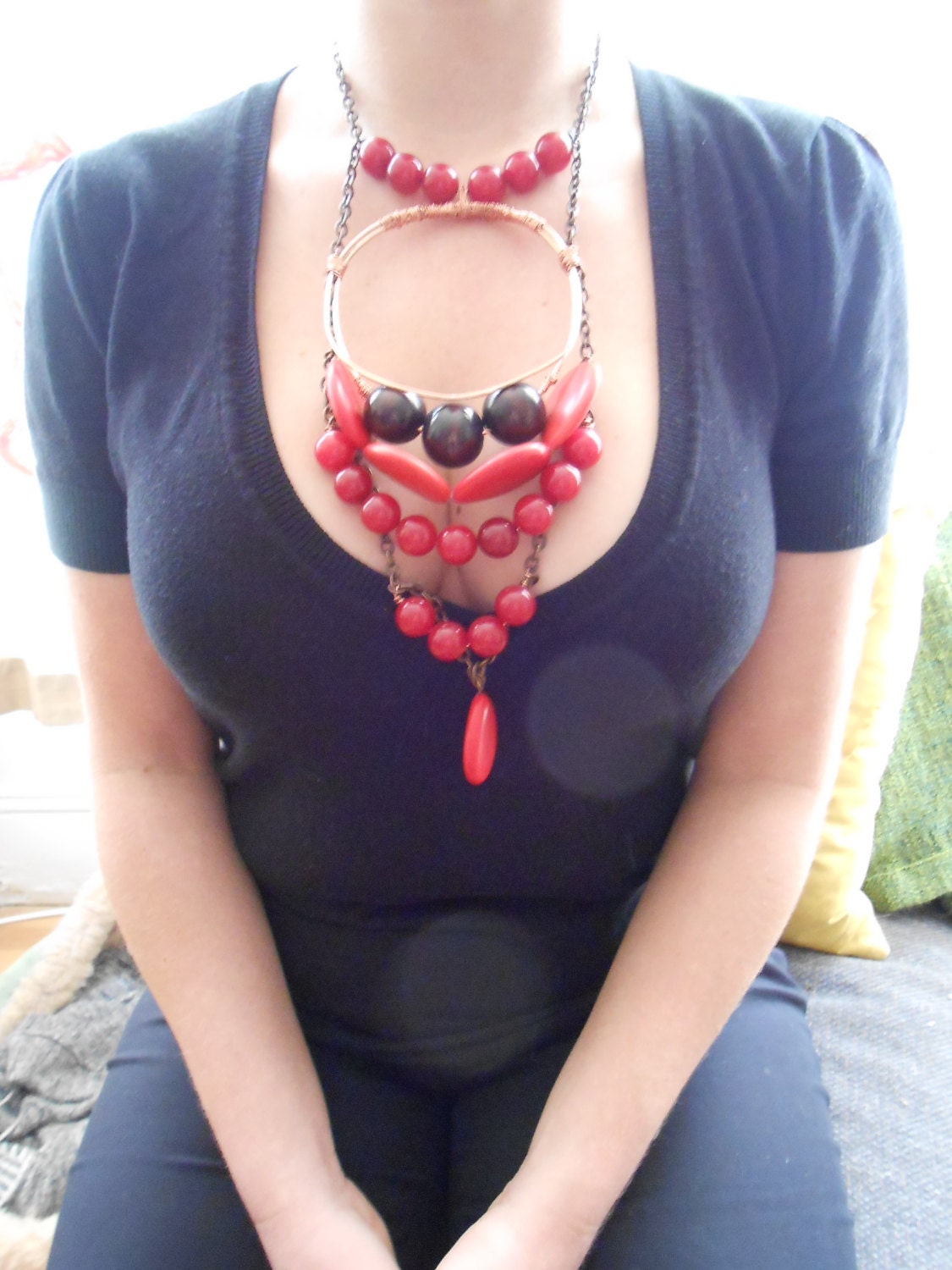 Handmade, boho chic, organic necklace made of agate , ceramic, and wooden beads, wrapped in copper and brass ,
