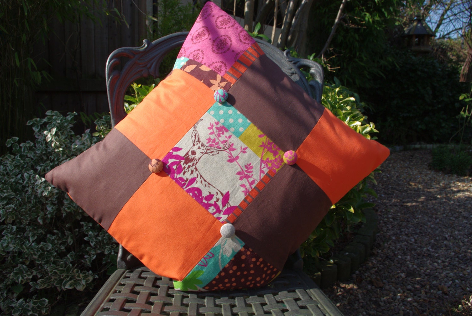 Handmade Echino Fall Zesty Orange/Rich Brown Patchwork Forest Sunset Cotton Pillow Cushion Cover 18"x18" (indoor)