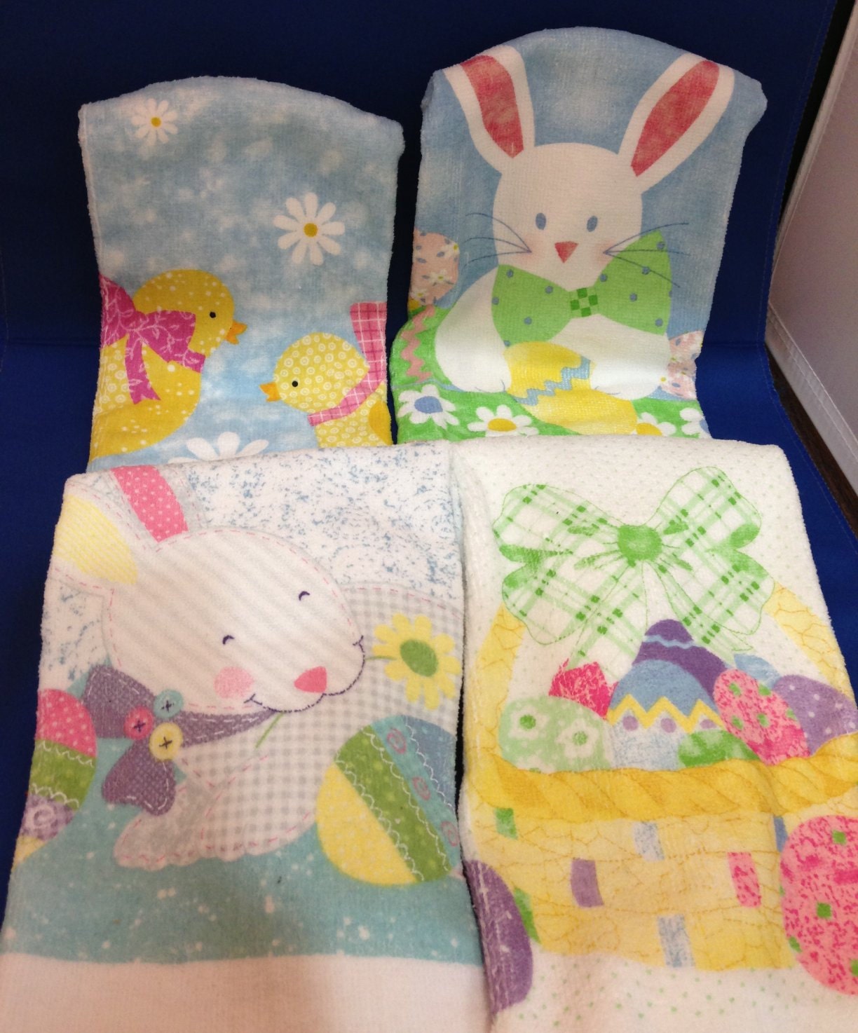 Sale - Set of 4 Hanging Hand Towels (Tea Towels) Easter / Spring Themed Towels with Crocheted Tops