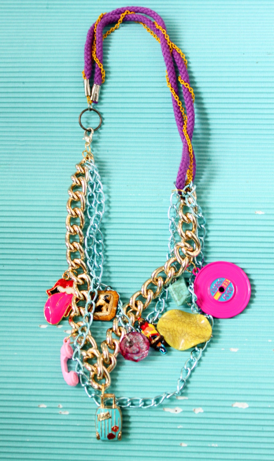 Statement Necklace Funky Charms, Rolling Stones, neon, rope, colorful charms, strands, boho chic, retro,  kitsch OOAK jewelry