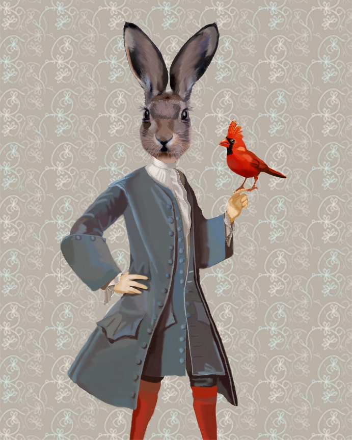 Rabbit And Bird 14x11 Art Print Digital Art Illustration Mixed Media Original Print Rabbit Print Wall Decor Wall hanging home decor