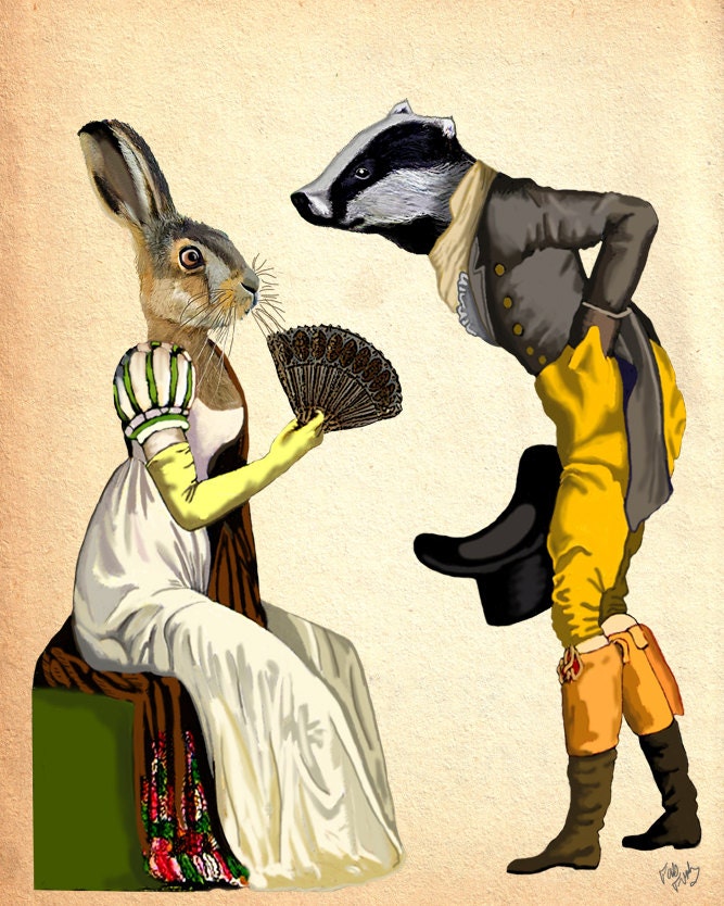 Look of Love 14x11 Art Print Illustration Poster Acrylic Painting Giclee Wall Decor Wall hanging Wall Art Badger and Rabbit Regency Dress