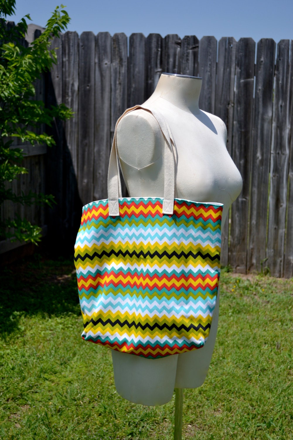 FREE SHIPPING- Yellow Chevron Canvas, Market, Tote, Bag