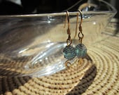 Cathedral Czech glass dangle earrings bead aqua blue bronze French hook ear wire pin with swirl