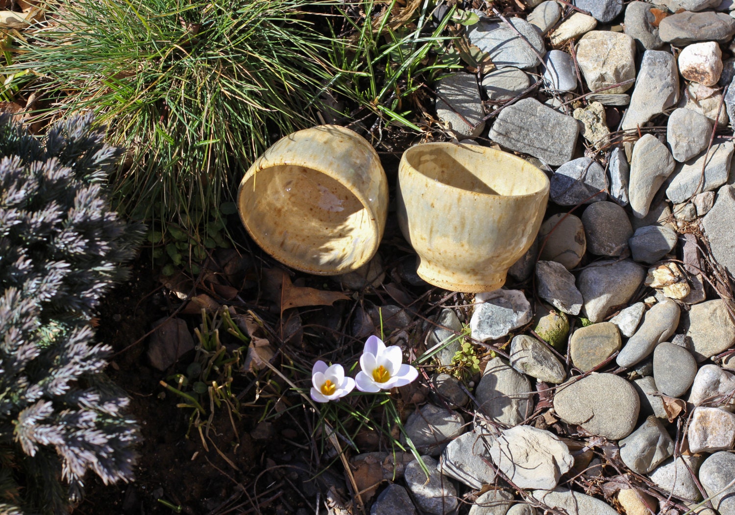 caramel glazed set of two ceramic pottery tea pots/cups handmade