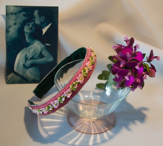 Headband, bicolor velvet and trimmings, salmon pink and forest green, hairband, hair accessory