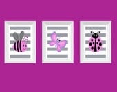 Ladybug Butterfly Bee Nursery Art Stripe Pink Gray Wall Art Print Set of 3 - 8x10 Childrens Room Home Decor - Girl's Room - Playroom