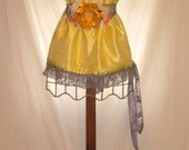 Vintage 50s Gold Color Tunic Adorned With Heather Grey Lace Choice of Handmade Flower Embellished Sash Belt, Women's Sleeveless Top Tunic