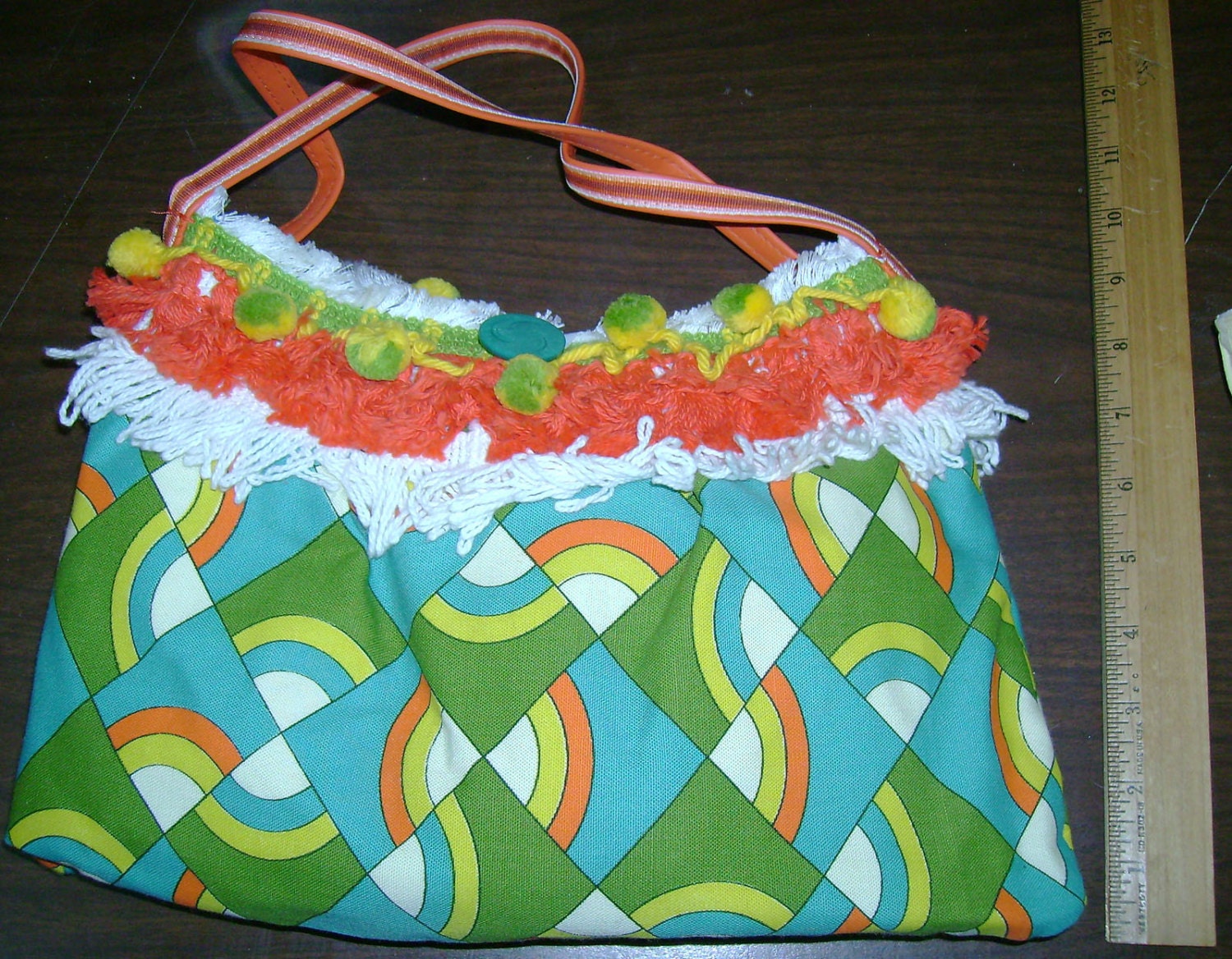 VINTAGE RAINBOWS BAG Hand-Made Purse from Vintage Fabric - 1960s Mod Abstract Rainbows, Pom Pom and Fringe Trim