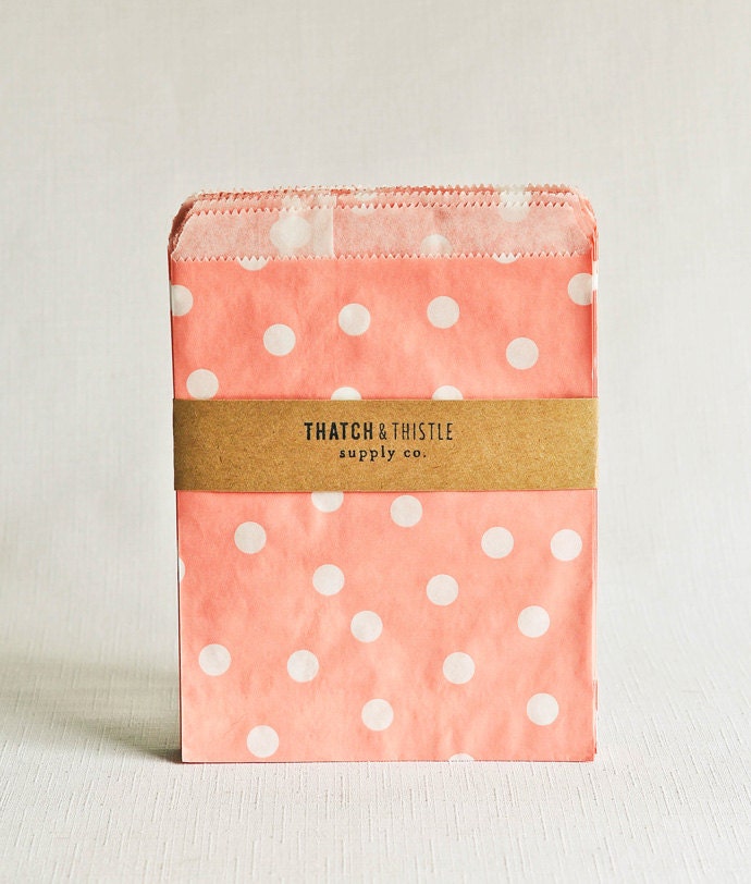 Paper Bags in Baby Pink Polka Dots - Set of 20 - 5x7 Party Favor Kraft Gift Wrapping Invitations Packaging Embellishment Sacks Merchandise - thatchandthistleco