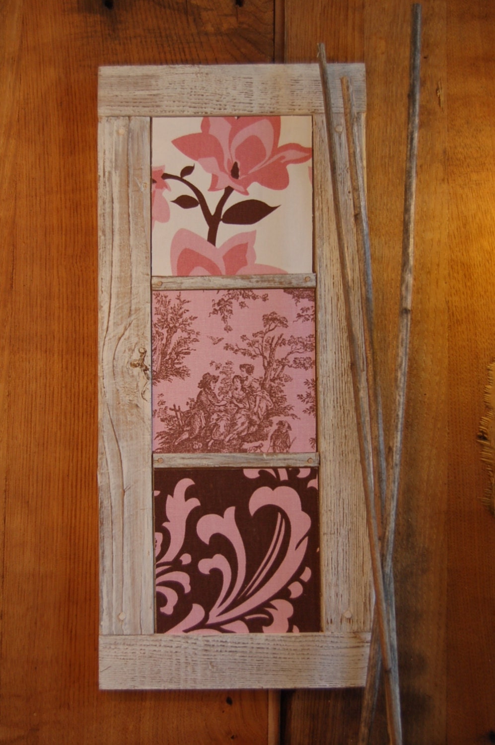 Handmade Country Art 8 x19 Recycled Wood Frame Wall Hanging 5x5 fabric swatches - Pink 2 - Single Stack